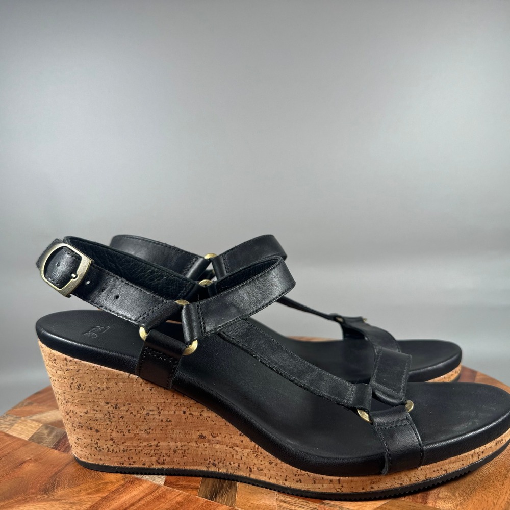 Teva Ysidro Universal Black Leather Cork Wedge Sandals Womens 10 1011487
